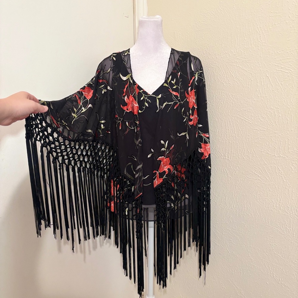 NWT Vtg Black Sheer Chiffon Burnout Fringe Wrap Shawl Blouse Set Whimsigoth Boho